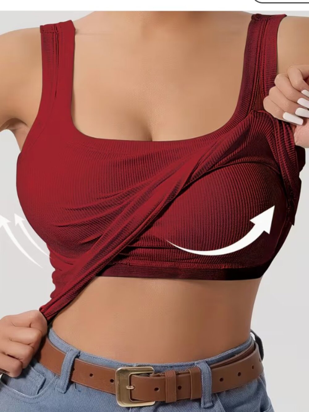 Burgundy Wine Ribbed Square Neck Tank Large Built-In Bra Stretchy Removable Pads